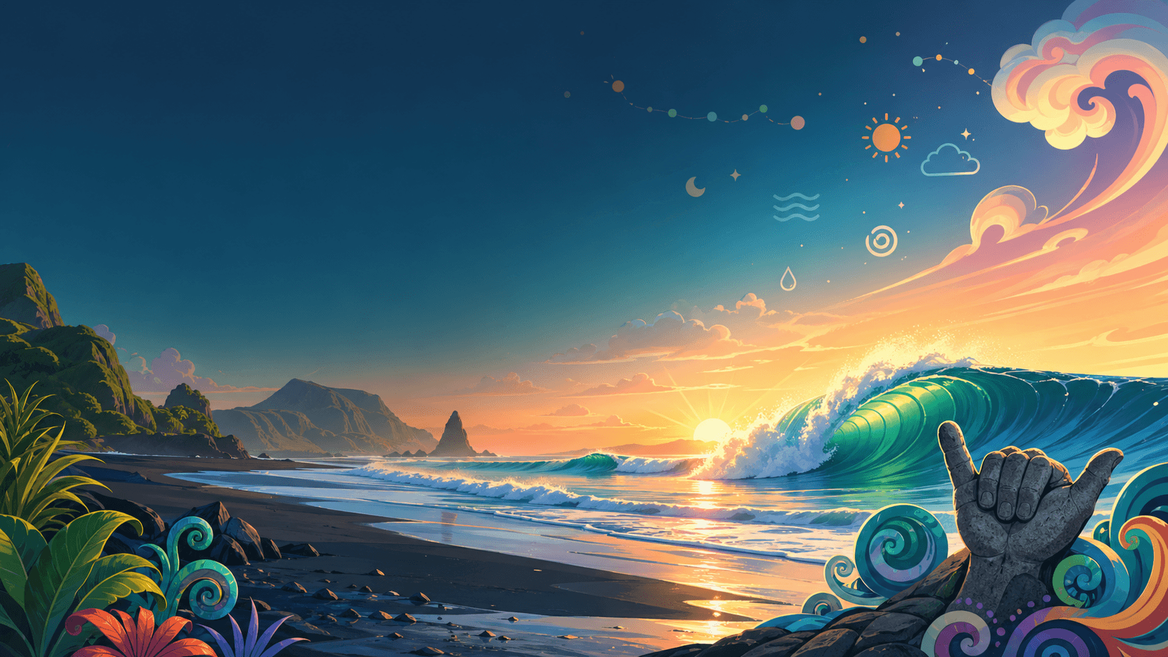 Cartoony New Zealand surf at sunrise